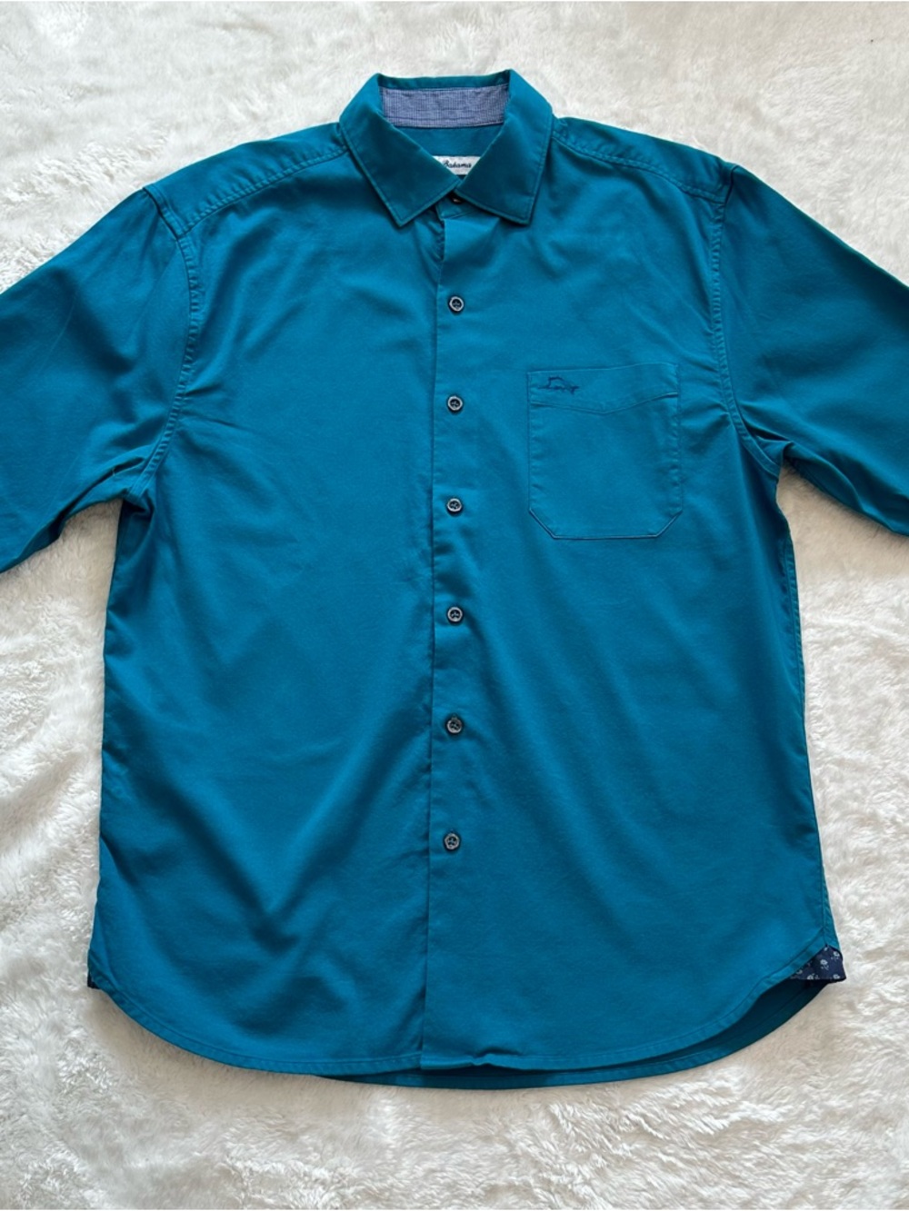 Tommy Bahama Oasis Twill Silk Blend Shirt Caribbean Teal Contrast Cuffs Small S